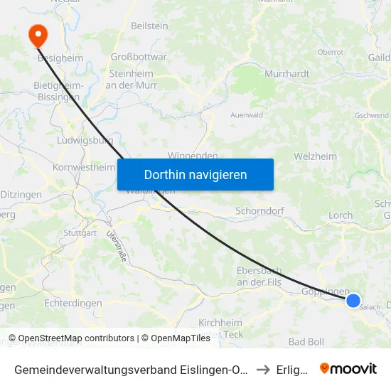 Gemeindeverwaltungsverband Eislingen-Ottenbach-Salach to Erligheim map