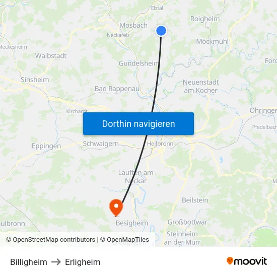Billigheim to Erligheim map