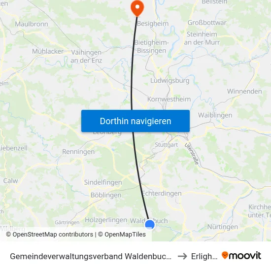 Gemeindeverwaltungsverband Waldenbuch/Steinenbronn to Erligheim map