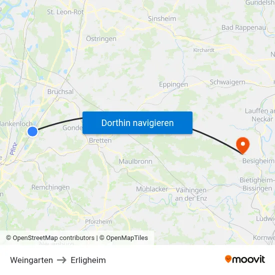 Weingarten to Erligheim map