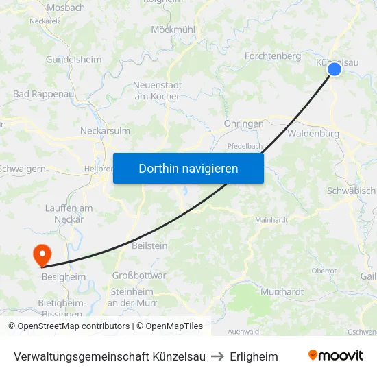 Verwaltungsgemeinschaft Künzelsau to Erligheim map
