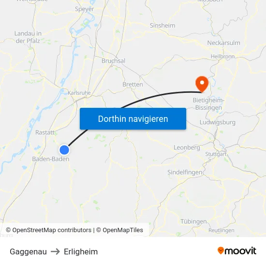 Gaggenau to Erligheim map