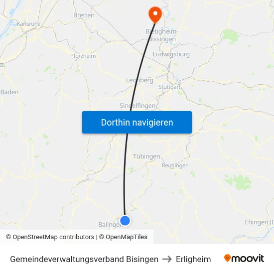 Gemeindeverwaltungsverband Bisingen to Erligheim map