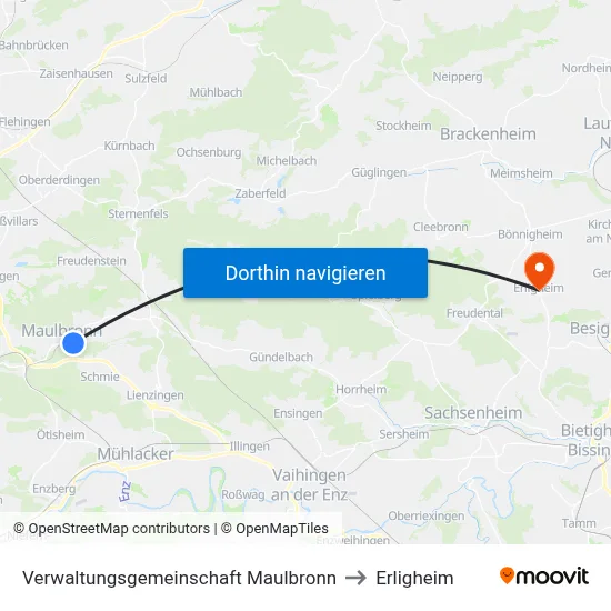 Verwaltungsgemeinschaft Maulbronn to Erligheim map