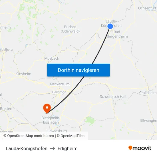 Lauda-Königshofen to Erligheim map