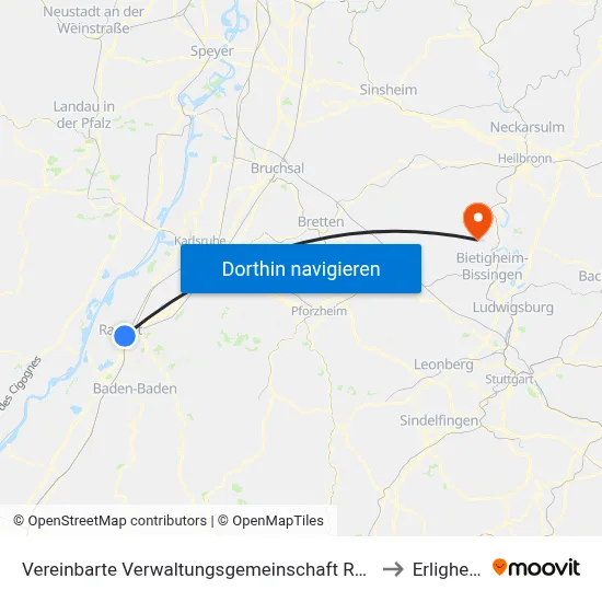 Vereinbarte Verwaltungsgemeinschaft Rastatt to Erligheim map