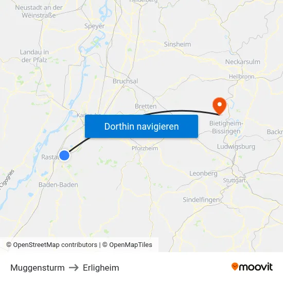 Muggensturm to Erligheim map
