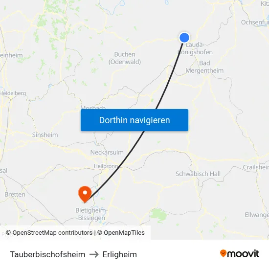 Tauberbischofsheim to Erligheim map