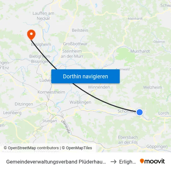 Gemeindeverwaltungsverband Plüderhausen-Urbach to Erligheim map