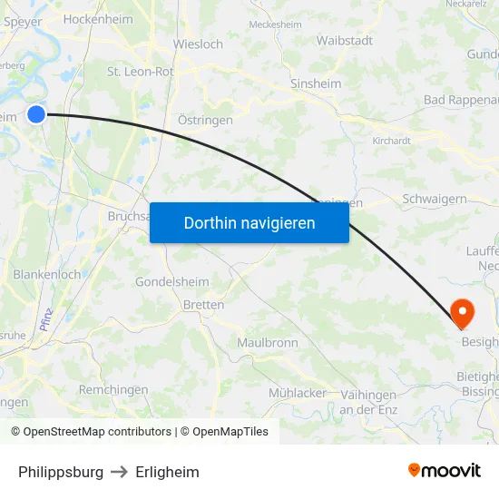 Philippsburg to Erligheim map
