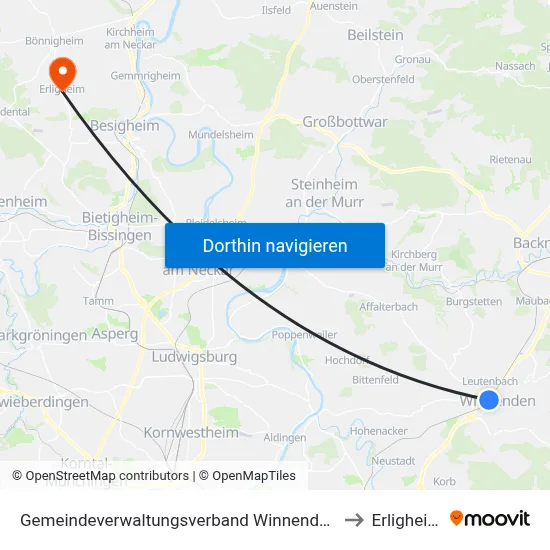 Gemeindeverwaltungsverband Winnenden to Erligheim map