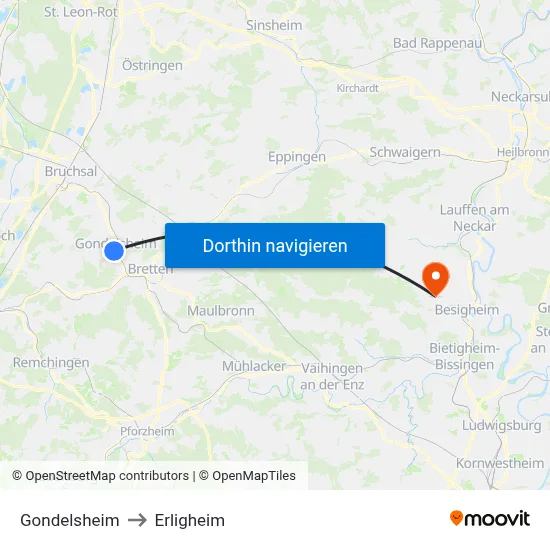 Gondelsheim to Erligheim map