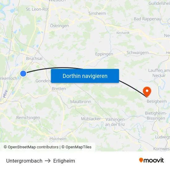 Untergrombach to Erligheim map