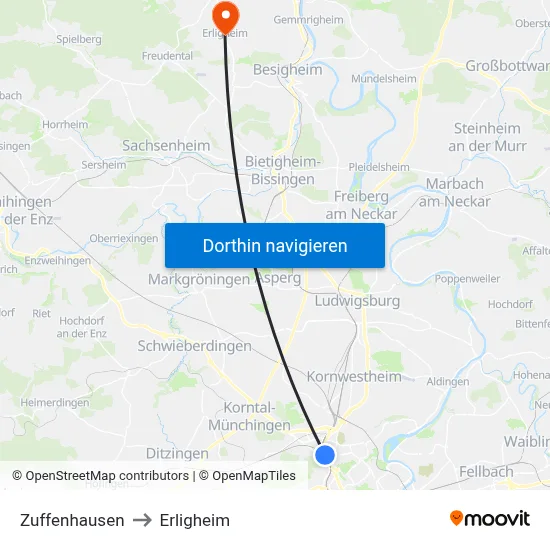 Zuffenhausen to Erligheim map