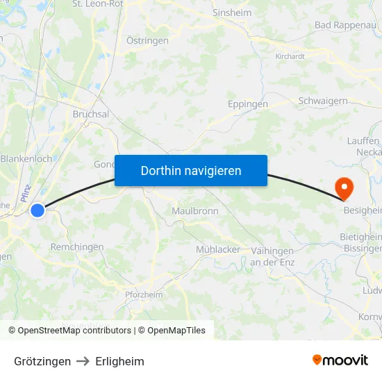Grötzingen to Erligheim map
