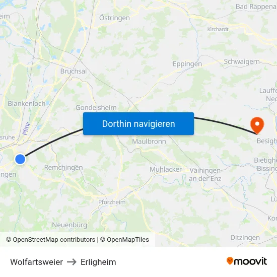 Wolfartsweier to Erligheim map