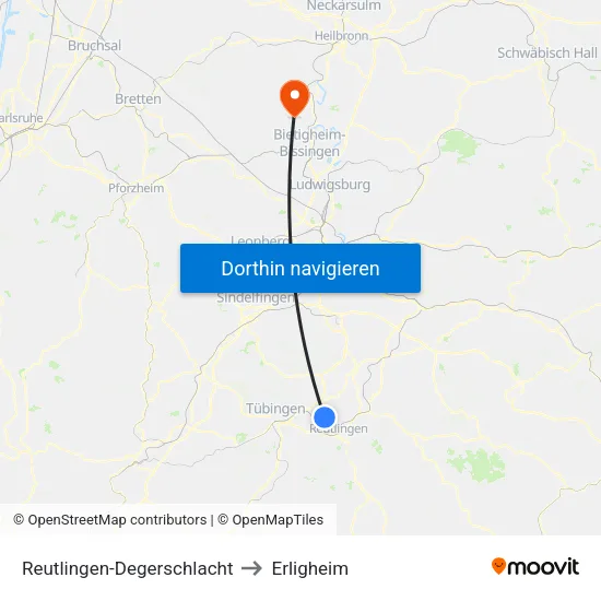 Reutlingen-Degerschlacht to Erligheim map