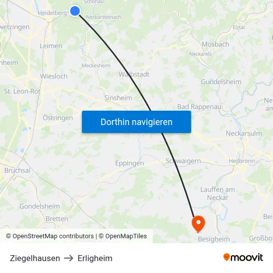 Ziegelhausen to Erligheim map