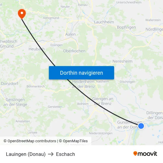 Lauingen (Donau) to Eschach map