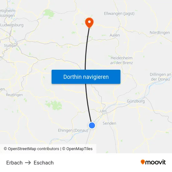 Erbach to Eschach map