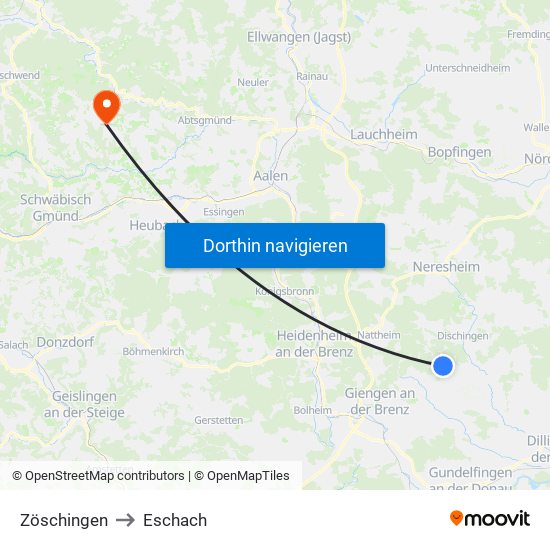 Zöschingen to Eschach map