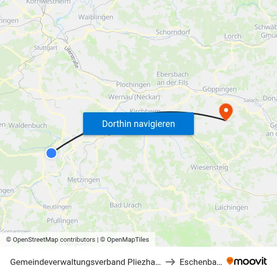 Gemeindeverwaltungsverband Pliezhausen to Eschenbach map
