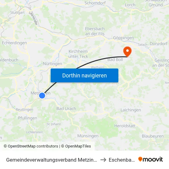 Gemeindeverwaltungsverband Metzingen to Eschenbach map