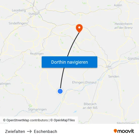 Zwiefalten to Eschenbach map