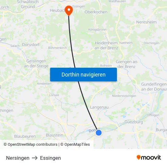 Nersingen to Essingen map