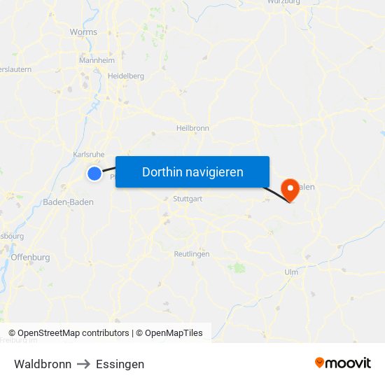 Waldbronn to Essingen map