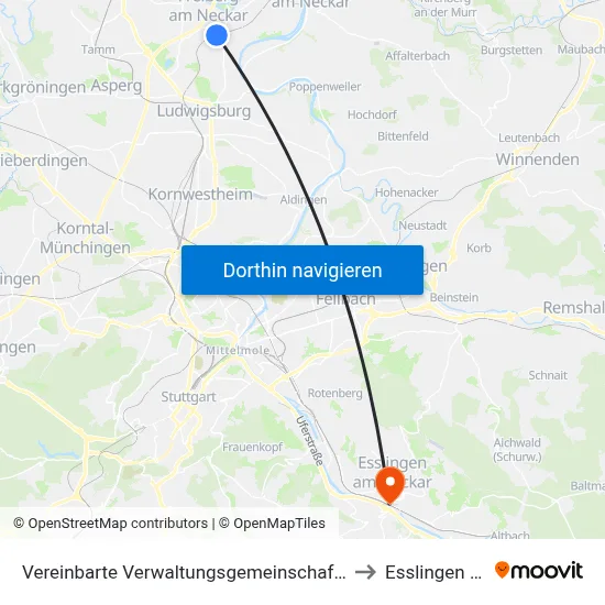Vereinbarte Verwaltungsgemeinschaft Der Stadt Freiberg am Neckar to Esslingen Am Neckar map