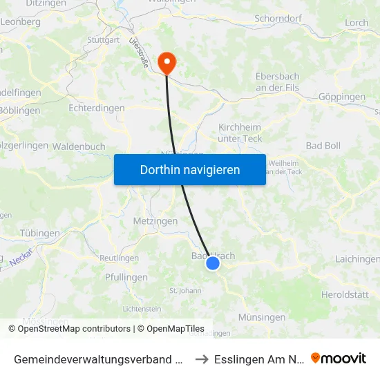 Gemeindeverwaltungsverband Bad Urach to Esslingen Am Neckar map