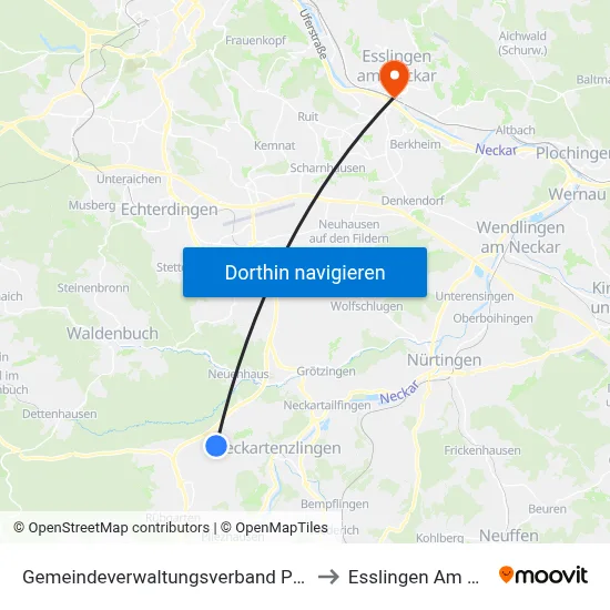 Gemeindeverwaltungsverband Pliezhausen to Esslingen Am Neckar map