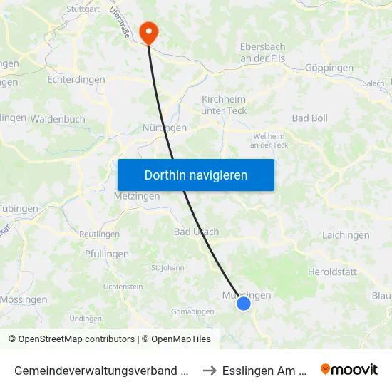 Gemeindeverwaltungsverband Münsingen to Esslingen Am Neckar map