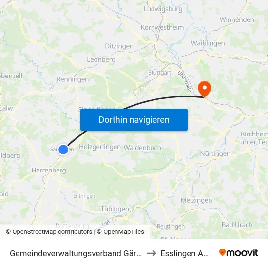 Gemeindeverwaltungsverband Gärtringen/Ehningen to Esslingen Am Neckar map