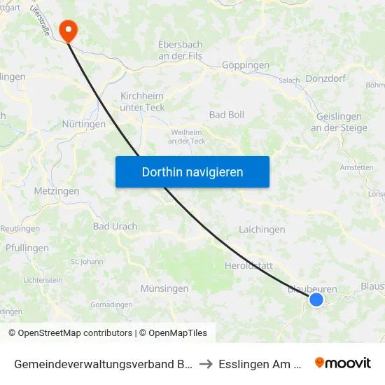 Gemeindeverwaltungsverband Blaubeuren to Esslingen Am Neckar map