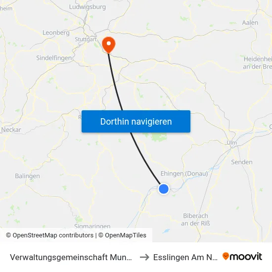 Verwaltungsgemeinschaft Munderkingen to Esslingen Am Neckar map