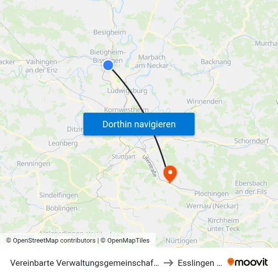 Vereinbarte Verwaltungsgemeinschaft Der Stadt Bietigheim-Bissingen to Esslingen Am Neckar map