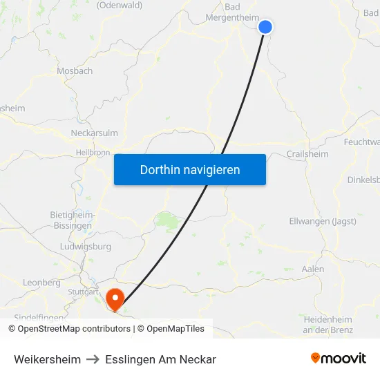 Weikersheim to Esslingen Am Neckar map