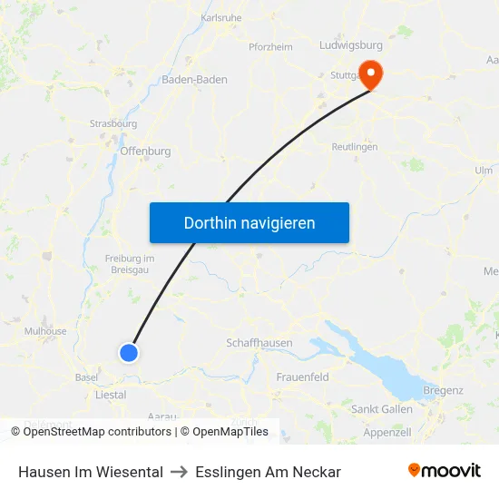 Hausen Im Wiesental to Esslingen Am Neckar map