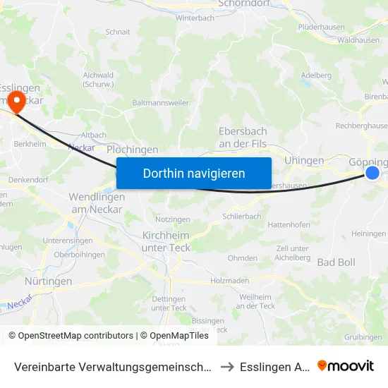Vereinbarte Verwaltungsgemeinschaft Der Stadt Göppingen to Esslingen Am Neckar map