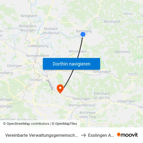 Vereinbarte Verwaltungsgemeinschaft Der Stadt Backnang to Esslingen Am Neckar map