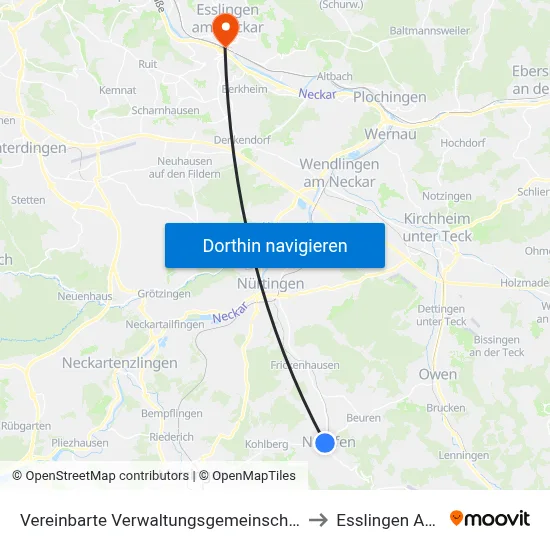 Vereinbarte Verwaltungsgemeinschaft Der Stadt Neuffen to Esslingen Am Neckar map