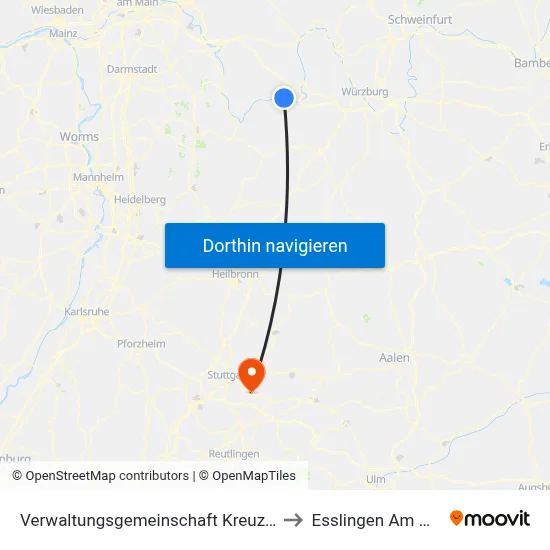Verwaltungsgemeinschaft Kreuzwertheim to Esslingen Am Neckar map