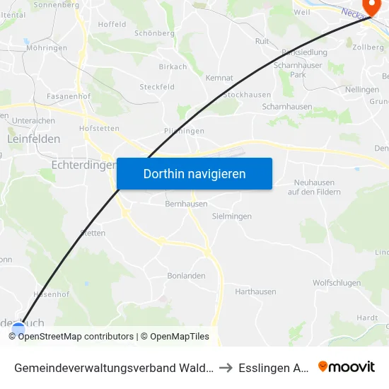 Gemeindeverwaltungsverband Waldenbuch/Steinenbronn to Esslingen Am Neckar map
