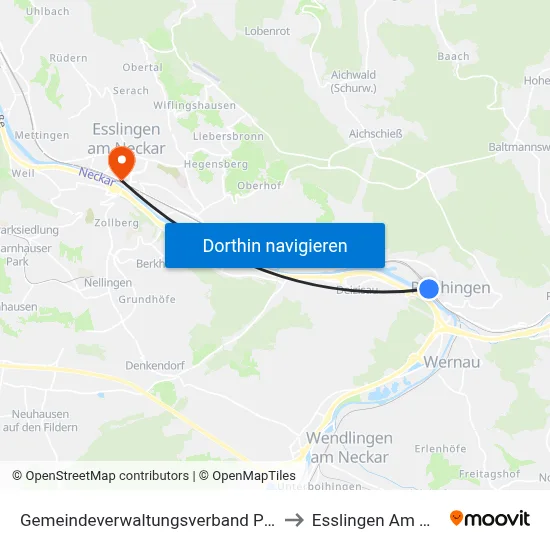 Gemeindeverwaltungsverband Plochingen to Esslingen Am Neckar map
