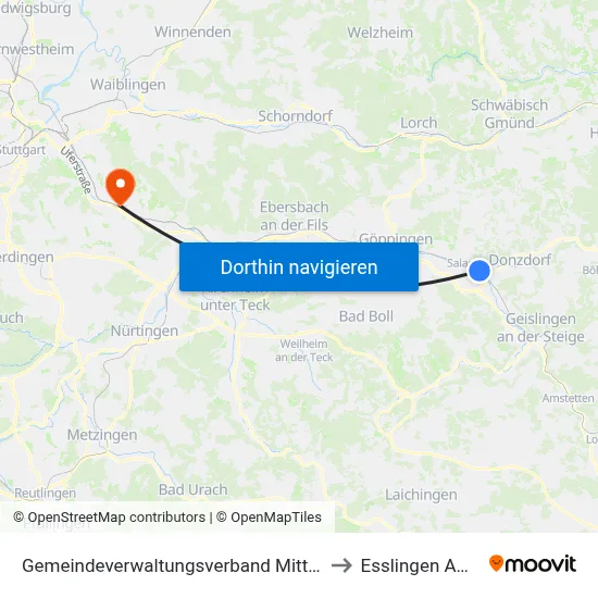 Gemeindeverwaltungsverband Mittleres Fils-Lautertal to Esslingen Am Neckar map