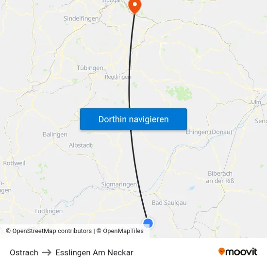 Ostrach to Esslingen Am Neckar map
