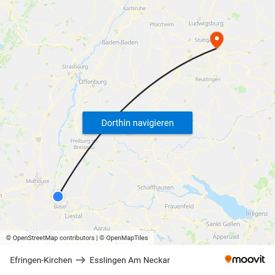 Efringen-Kirchen to Esslingen Am Neckar map