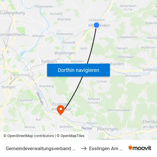Gemeindeverwaltungsverband Winnenden to Esslingen Am Neckar map